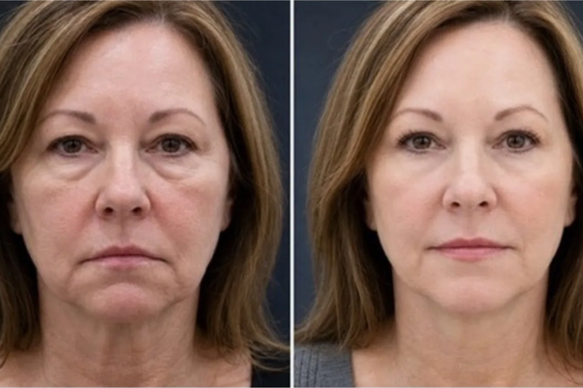 Before and after facelift and neck lift, front view. Patient who wanted subtle rejuvenation.