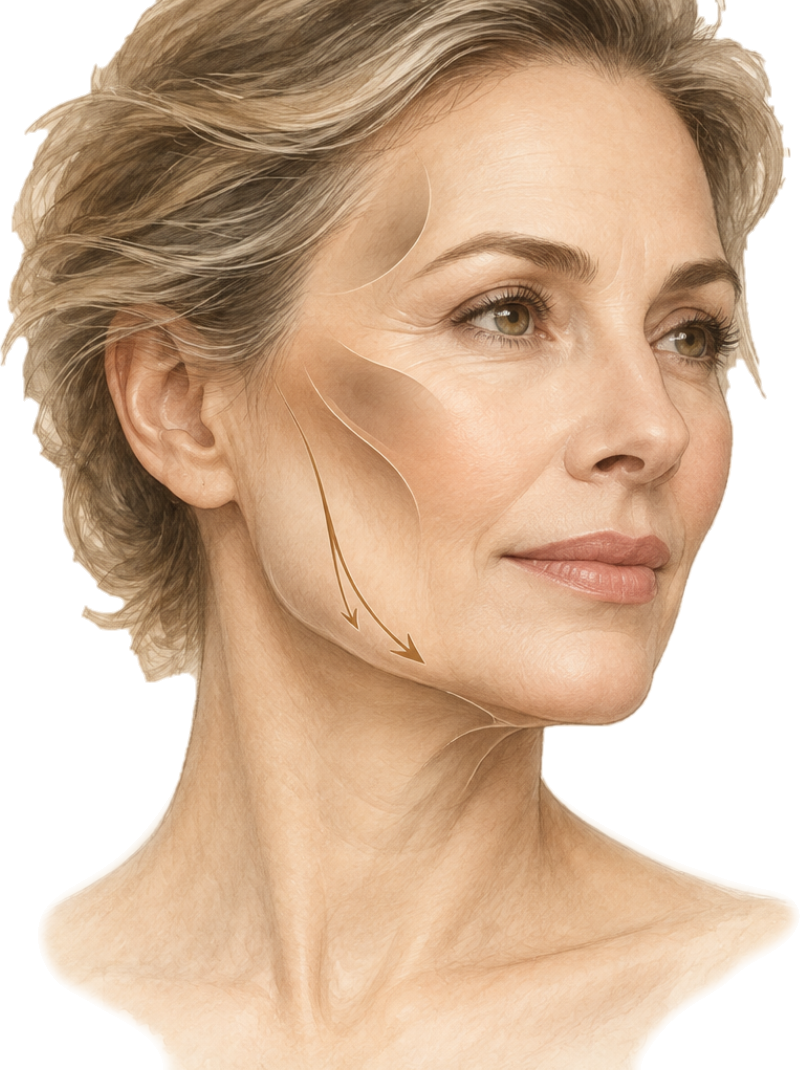 Illustrated portrait showing where facial volume diminishes and tissues descend