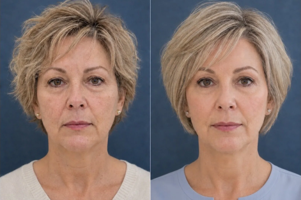 Before and after facelift and neck lift, front view. Patient who wanted to soften lines.