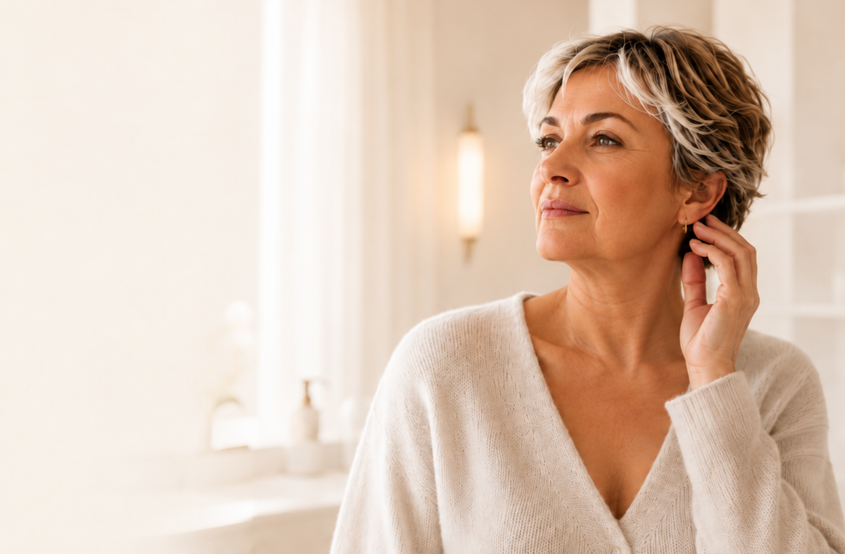 Woman touching her neck while looking toward the light