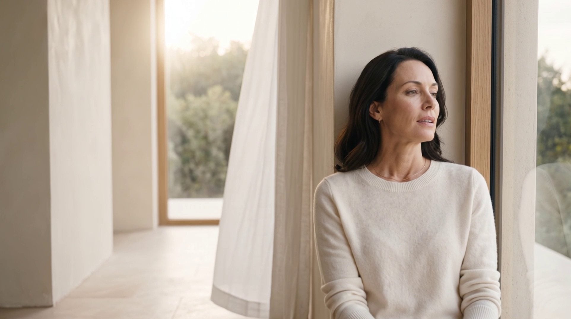 Woman with dark hair in an ivory sweater resting against a sunlit wall beside a window