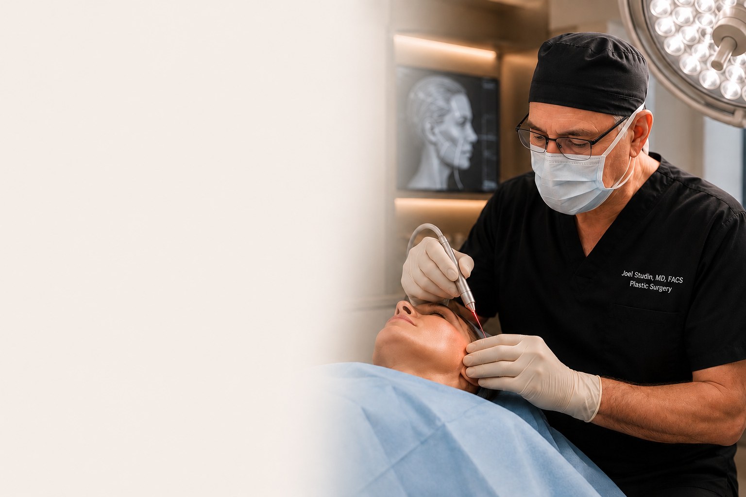 Dr. Studin, masked, performing a laser-assisted facelift under surgical lights