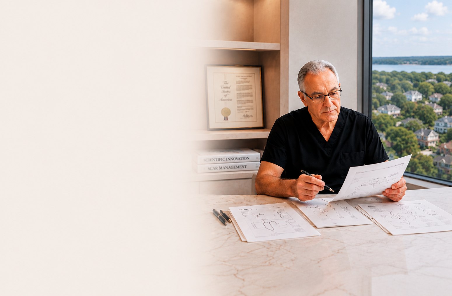 Dr. Studin reviewing patent drawings at a marble desk