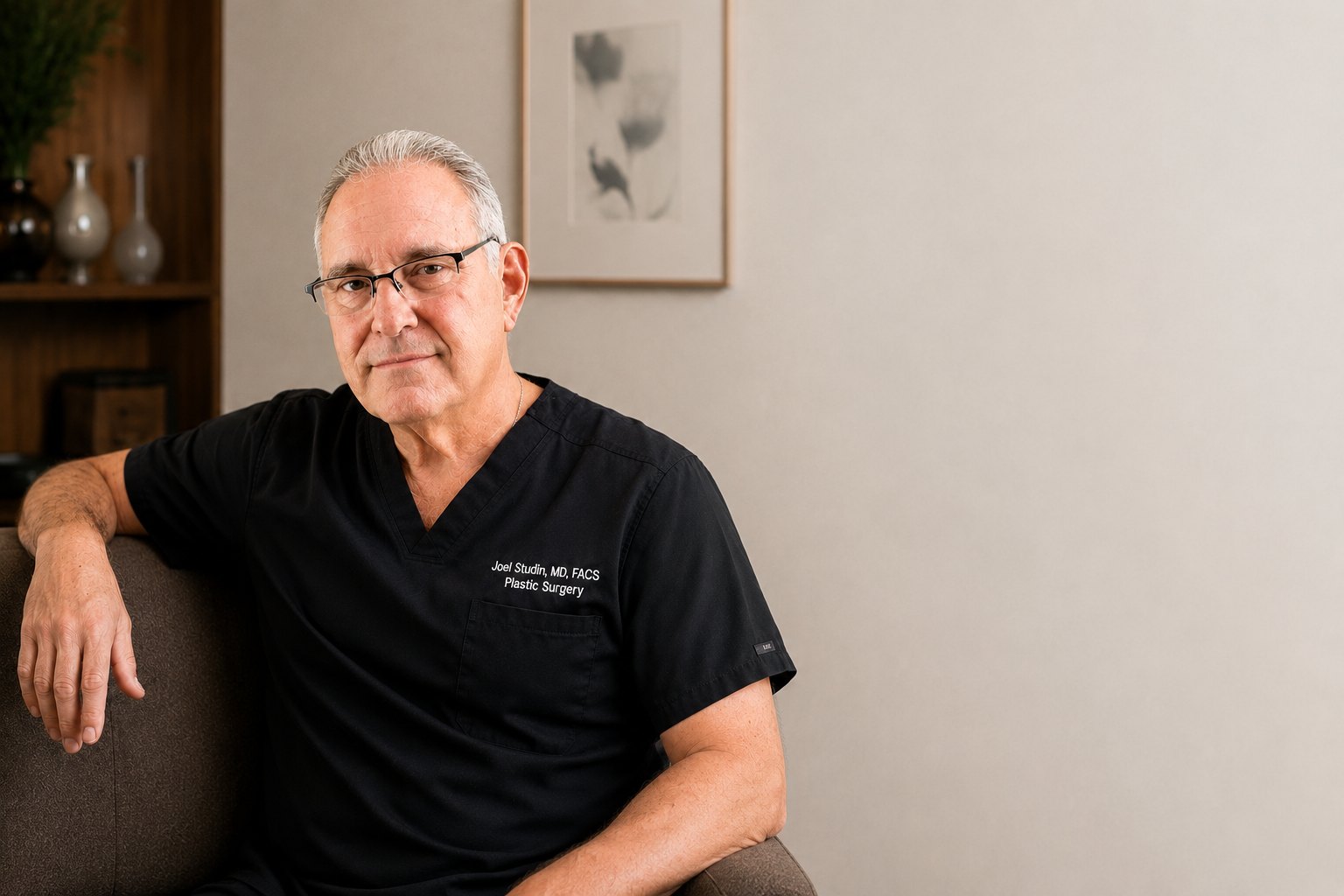 Dr. Joel Studin seated, wearing black surgical scrubs