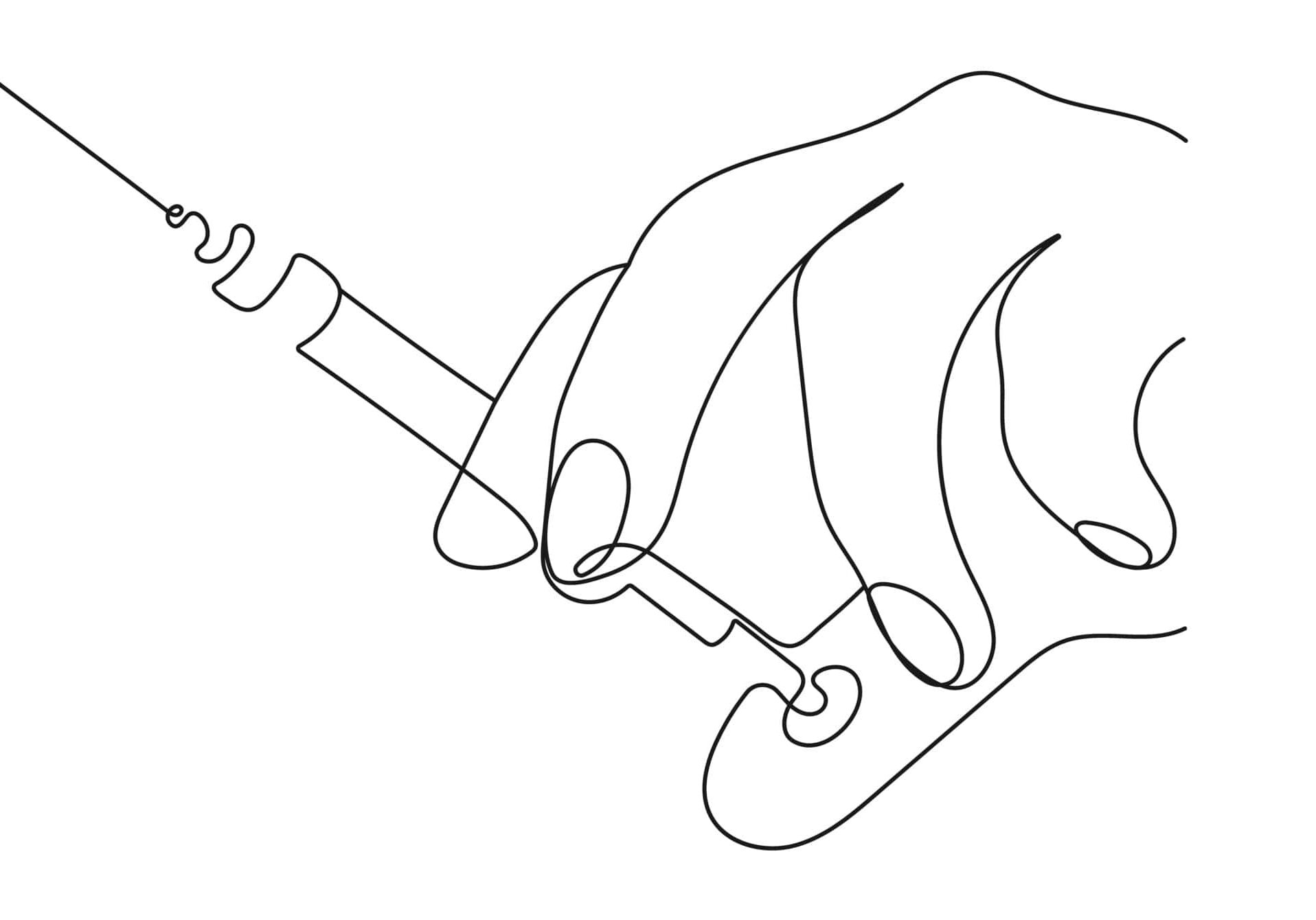 Hand holding syringe with needle. One line art. Vaccination, health care injection. Medical concept. Hand drawn vector illustration.